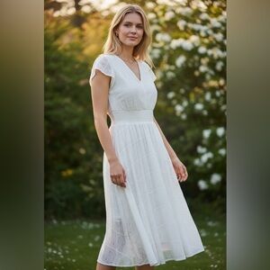 Rabbit Designs V-Neck Bell Sleeve Lace A-Line Midi Dress 14 White